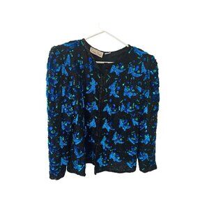 Vintage Lawrence Kazar Women's Sequin 100% Silk Long Sleeve Blazer - Large